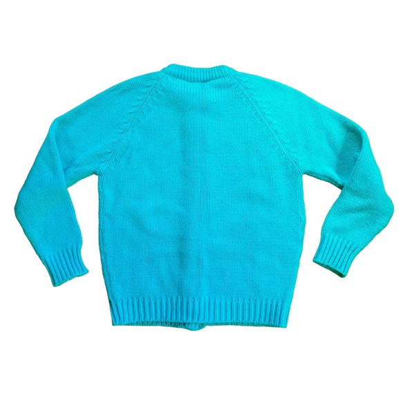 Vintage 70s Full Fashion Cable Chunky Knit Vibrant Turquoise Crewneck Cardigan - Picture 4 of 6